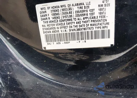 2007 Honda Odyssey Ex-L from USA, damaged, VIN 5FNRL386X7B077673